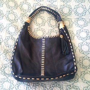 MARNI Large Black Leather White Stitch Hobo Bag